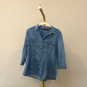 APT. 9 Blue Polka Dot Chambray 100 % Cotton Button-Up Blouse 3/4 Sleeve Size S